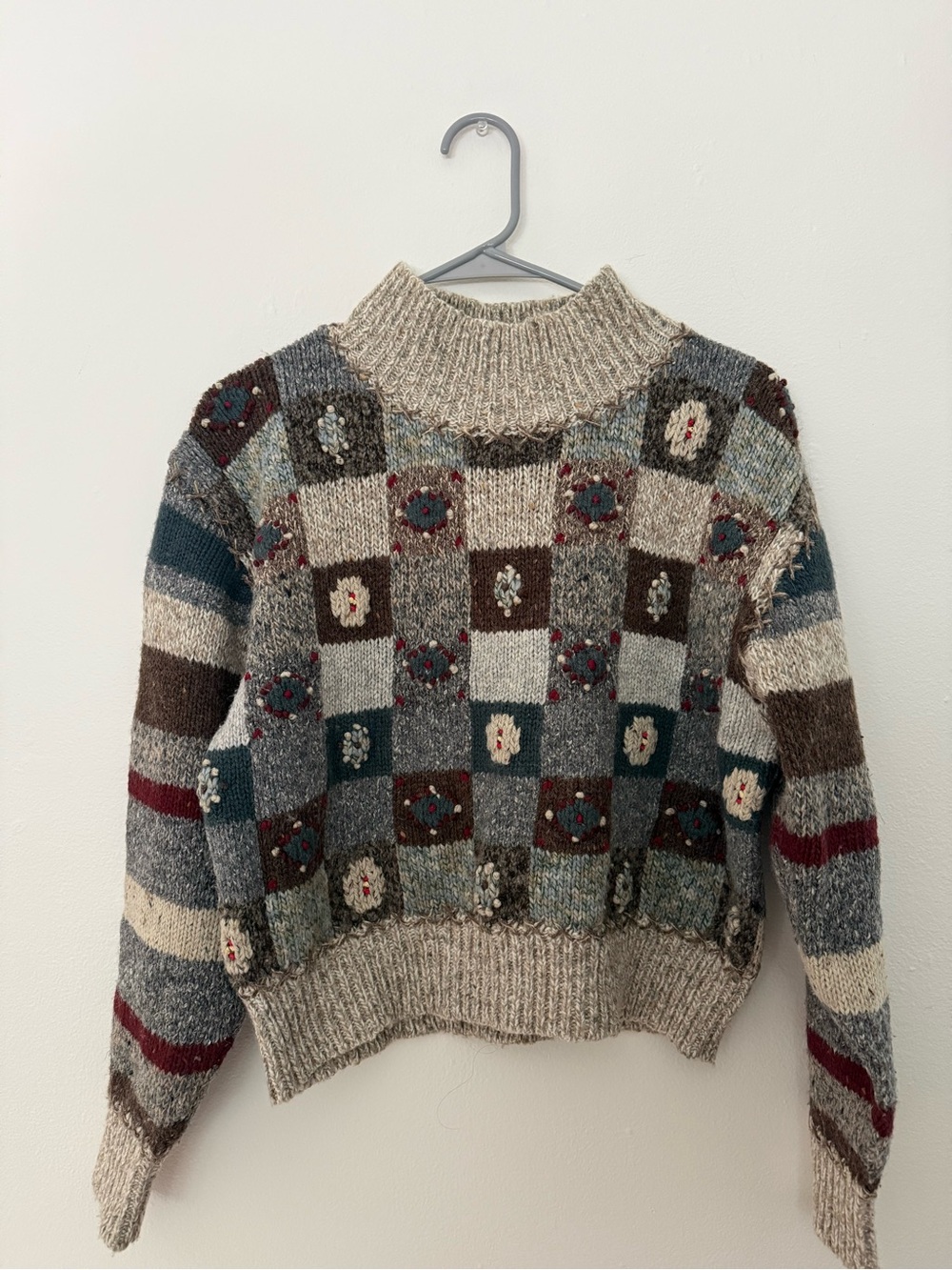 Vintage The Limited Handknit Patchwork Embroidered Wool Blend Sweater